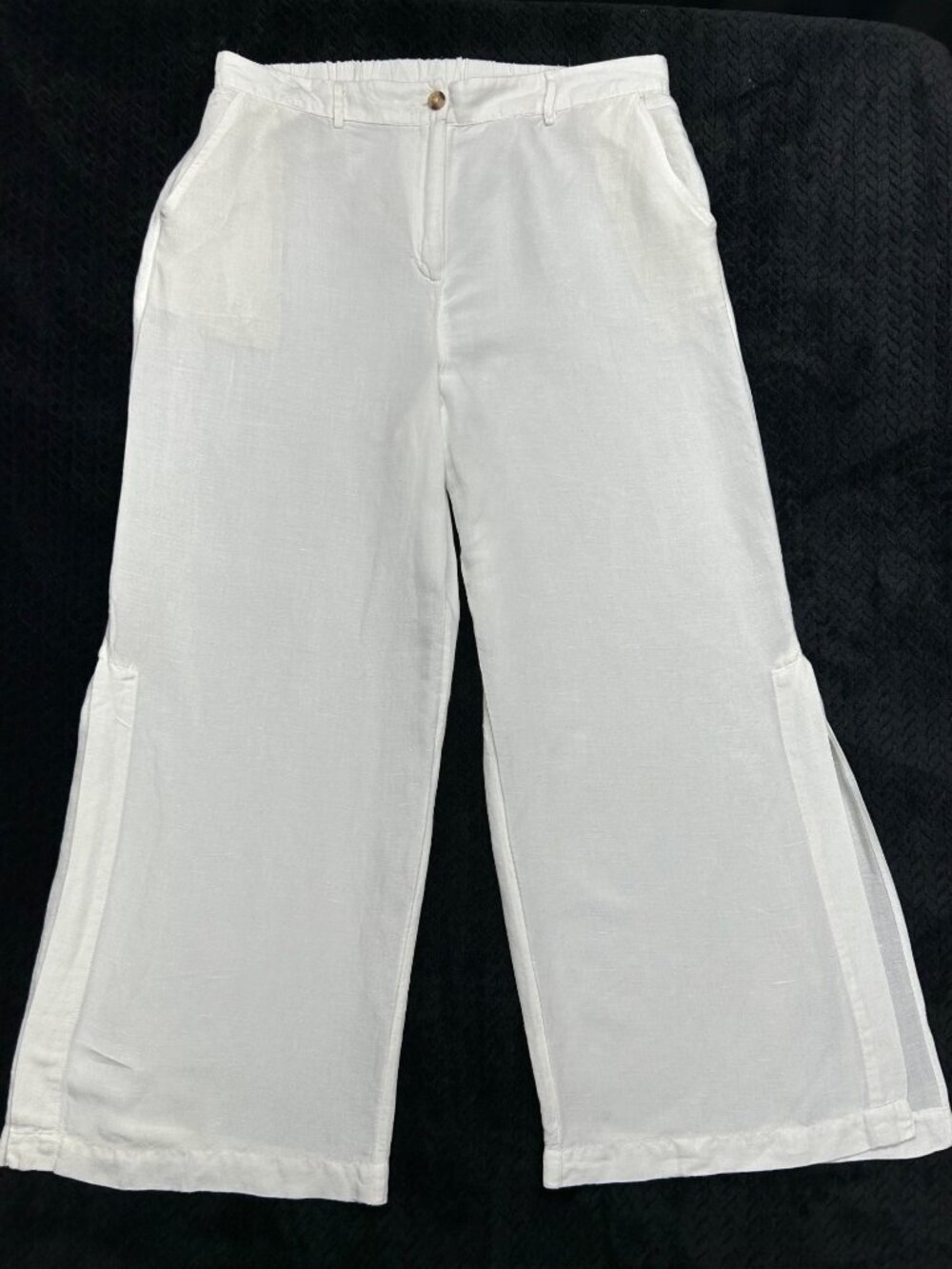Boston Proper White Wide-Leg Linen Blend Pants With Elastic Waist & Side Slits S